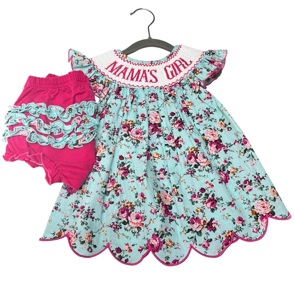 Smocked Bishop Dress Outfit Girl Size 24M Mama's Girl Floral Ruffle Bottoms